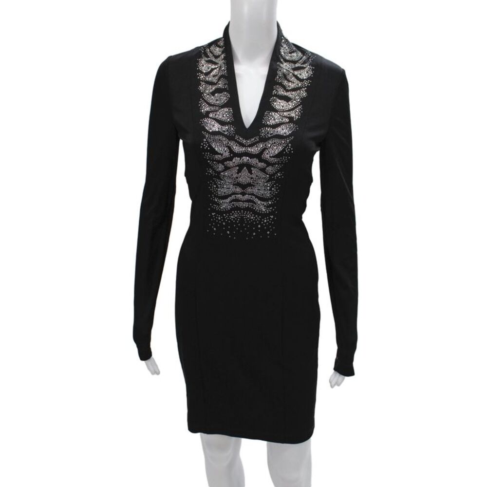 Just Cavalli Women Bodycon Mini Dress Black V Neck Long Sleeve Size 40